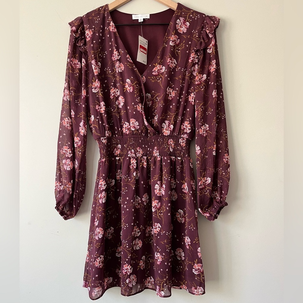 NWT Socialite Puff Sleeve Surplice Mini Dress - Picture 2 of 11